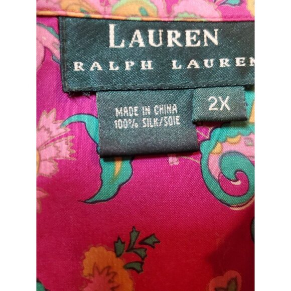 Lauren Ralph Lauren 100% Silk Womens 2XL Pink Green Paisley Button Up Shirt Art - Picture 11 of 13